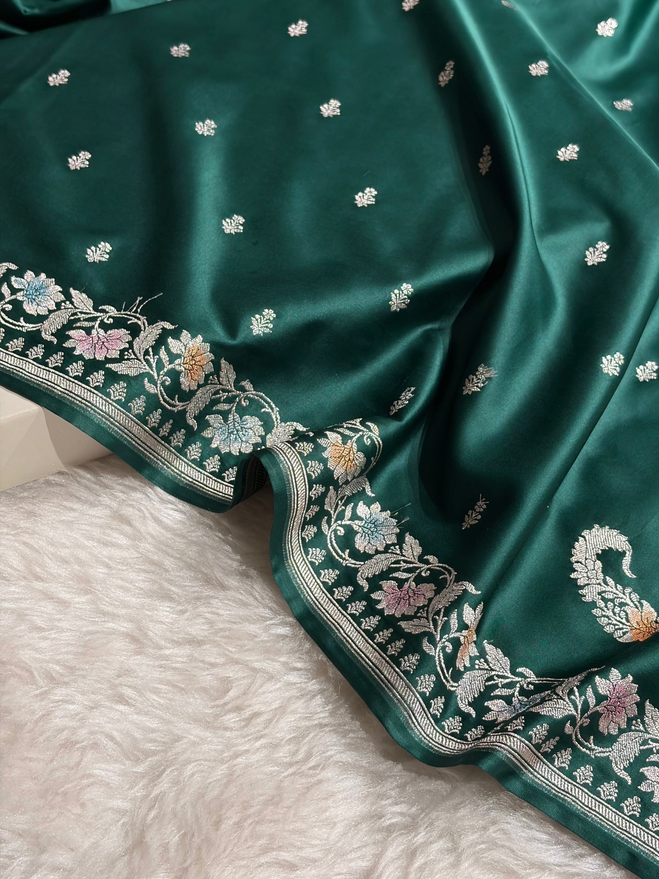 Banarasi Dark Rama Shades Minakari Floral Mashru Silk Saree MS88