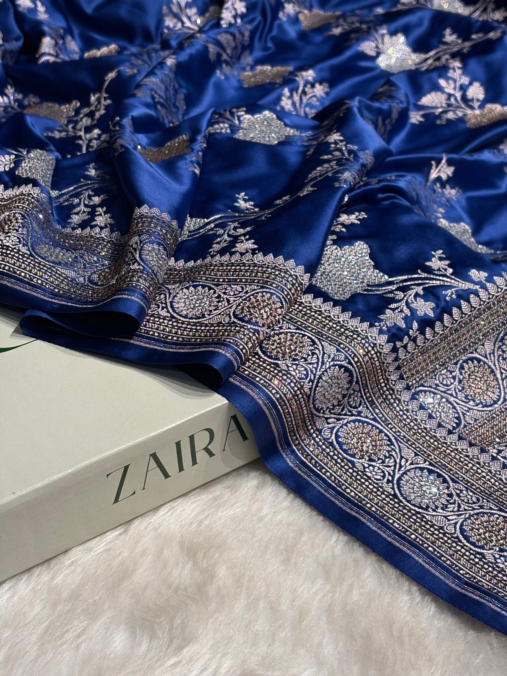 Banarasi Royal Blue Shades Jaal Mashru Silk Saree BMS63