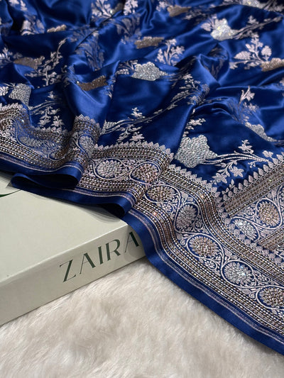 Banarasi Royal Blue Shades Swarovski Work Jaal Mashru Silk Saree BMCS63