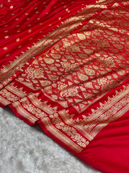 Red Floral Pattern Satin Katan Silk Saree SK76