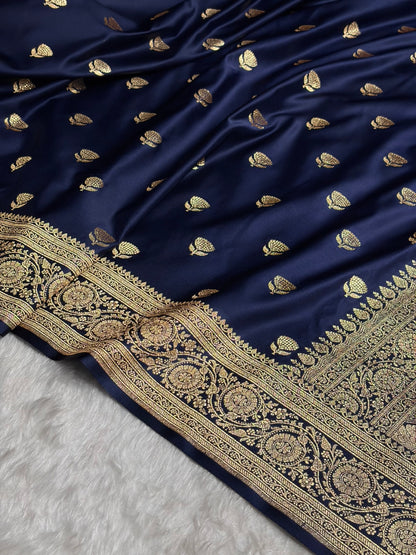 Banarasi Satin Katan Saree in Navy Blue Shades SK85