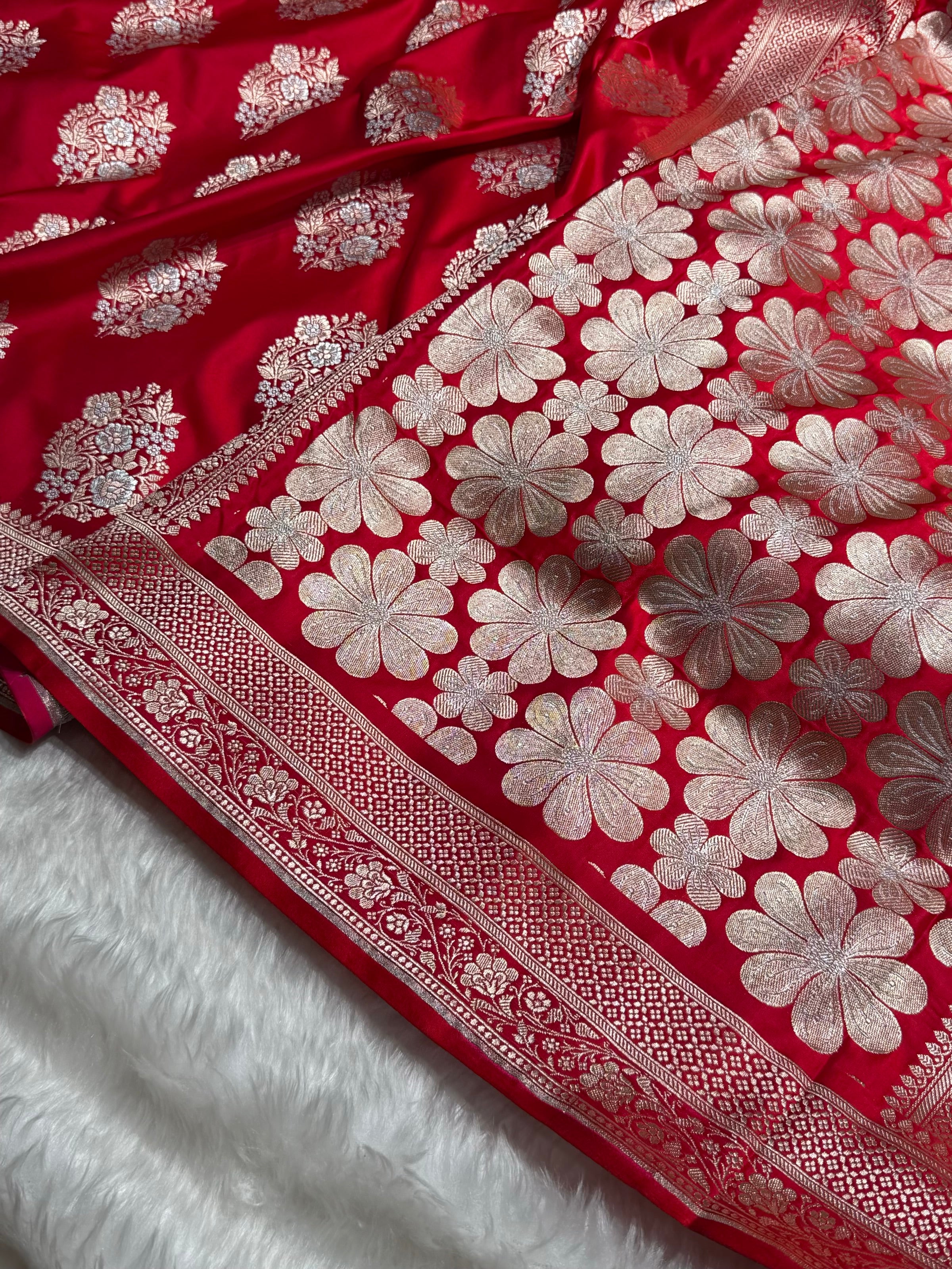 Premium Banarasi Satin Katan Saree With Minakari Boota in Red Shades SK93