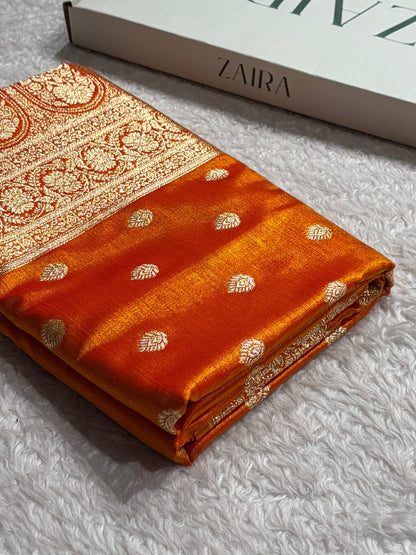 Orange Gold Shades Boota Pattern Banarasi Satin Silk Saree SS45