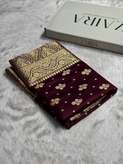 Garnet Floral Unique Boota Pattern Satin Katan Silk Saree SK73