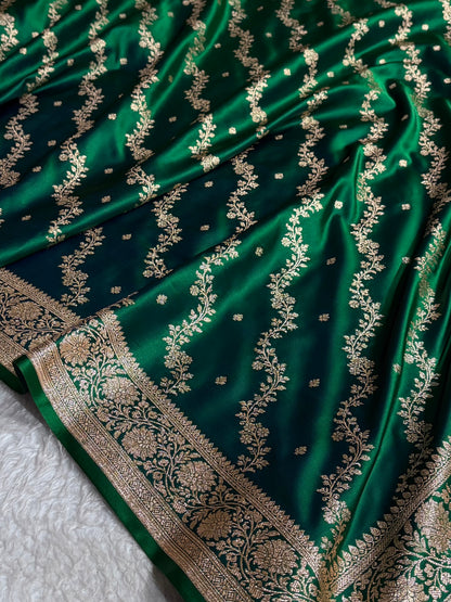 Banarasi Satin Katan Saree With Boota in Cross Green Shades SK108