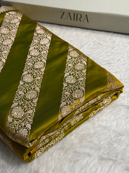 Liril Mahendi Shades Banarasi Cross Pattern Floral Mashru Silk Saree MSM-102