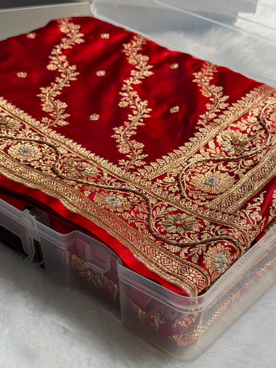 Banarasi Satin Katan Saree With Ari & Zardozi Work Boota in Red Shades BSK108