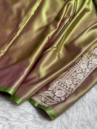 Contrast Orange / Olive Gold Shades Banarasi Booti Pattern Mashru Silk Saree MSM-138