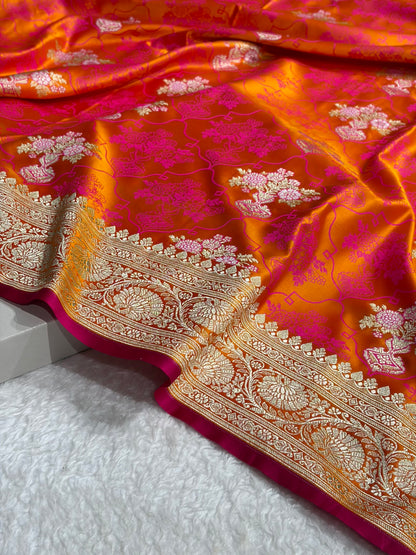 Banarasi Fire Gold Shades Tanchoi Motif Mashru Silk Saree