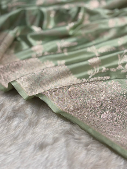 Light Pista Banarasi Jaal Mashru Silk Saree MS23