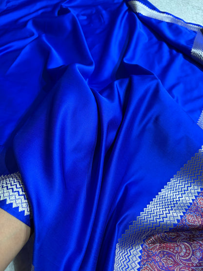 Premium Banarasi Satin Katan Saree Plain With Tanchoi Blouse in Royal Blue Shades SK129