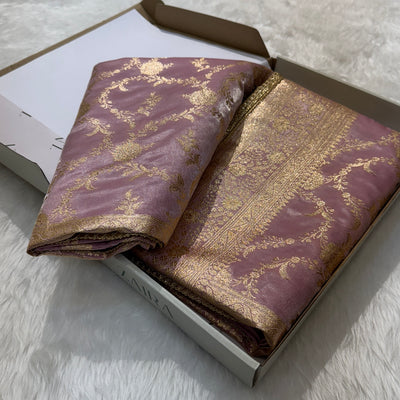 Scintillating Dusty Lavender Colour Satin Silk Banarasi Saree with Allover Jaal Pattern | SKU - SSGP2