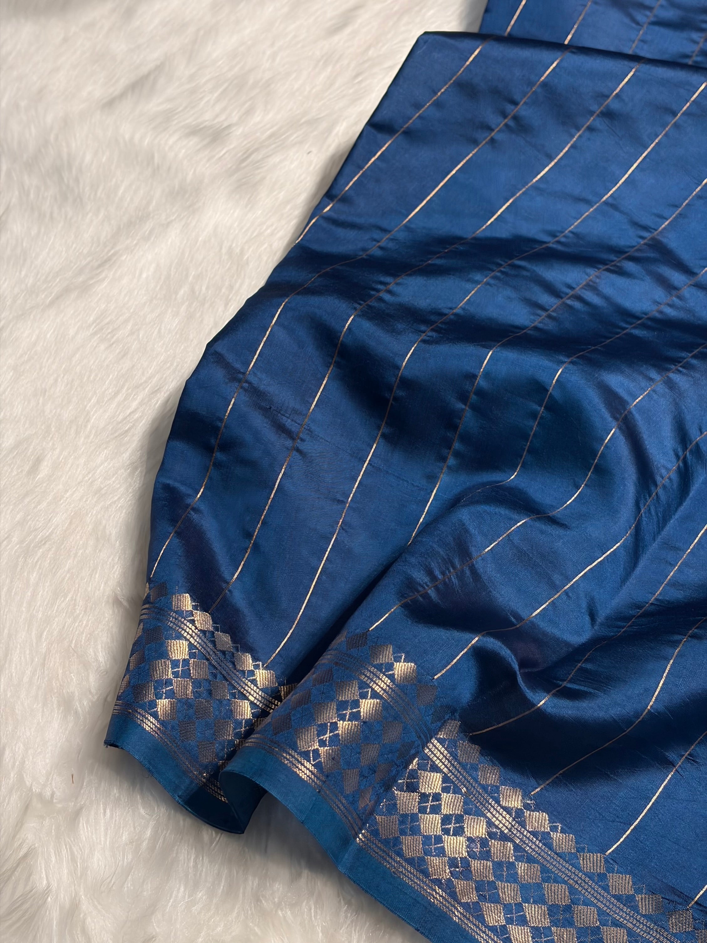 German Blue With Navy Shades Handwoven Pure Raw Mango Silk RM-50