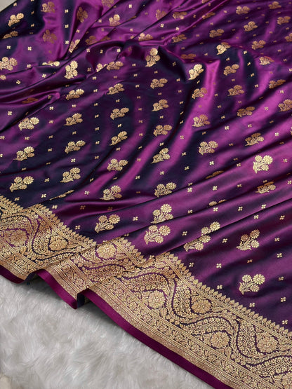 Wine Floral Unique Boota Pattern Satin Katan Silk Saree SK73