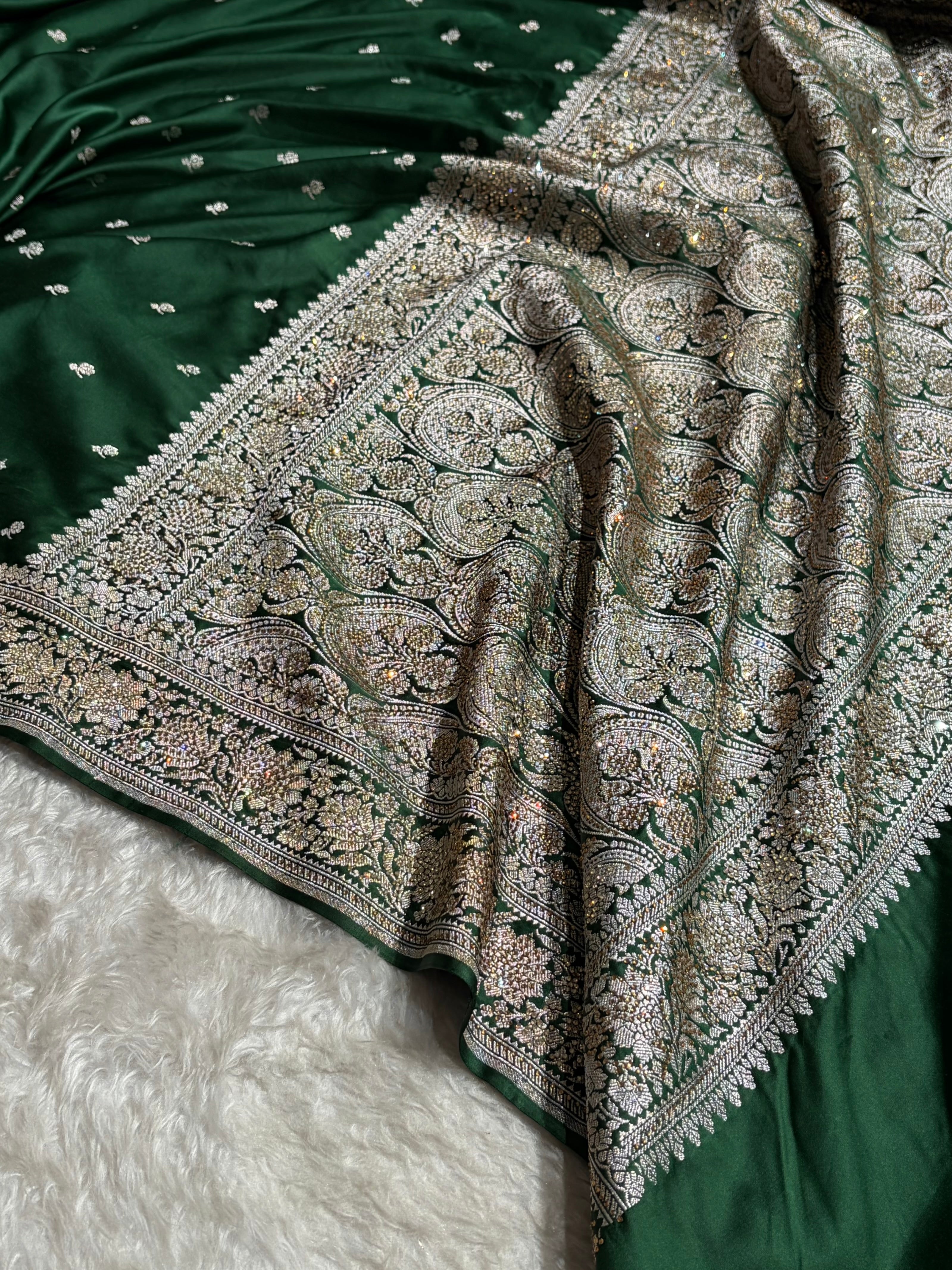 Beautiful Bottle Green Booti with Swarovski Work Mashru Silk Saree BMS09