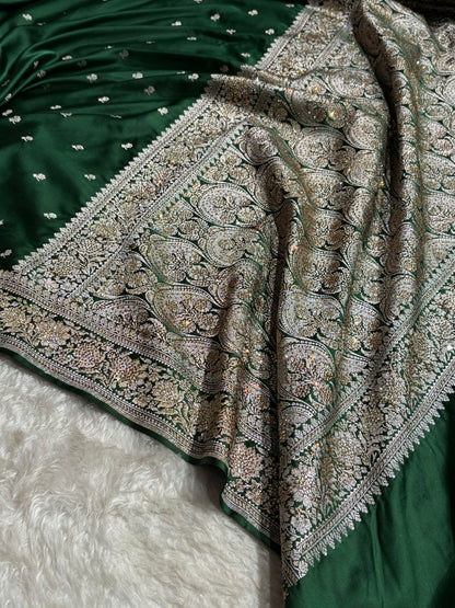 Beautiful Bottle Green Booti with Swarovski Work Mashru Silk Saree BMS09
