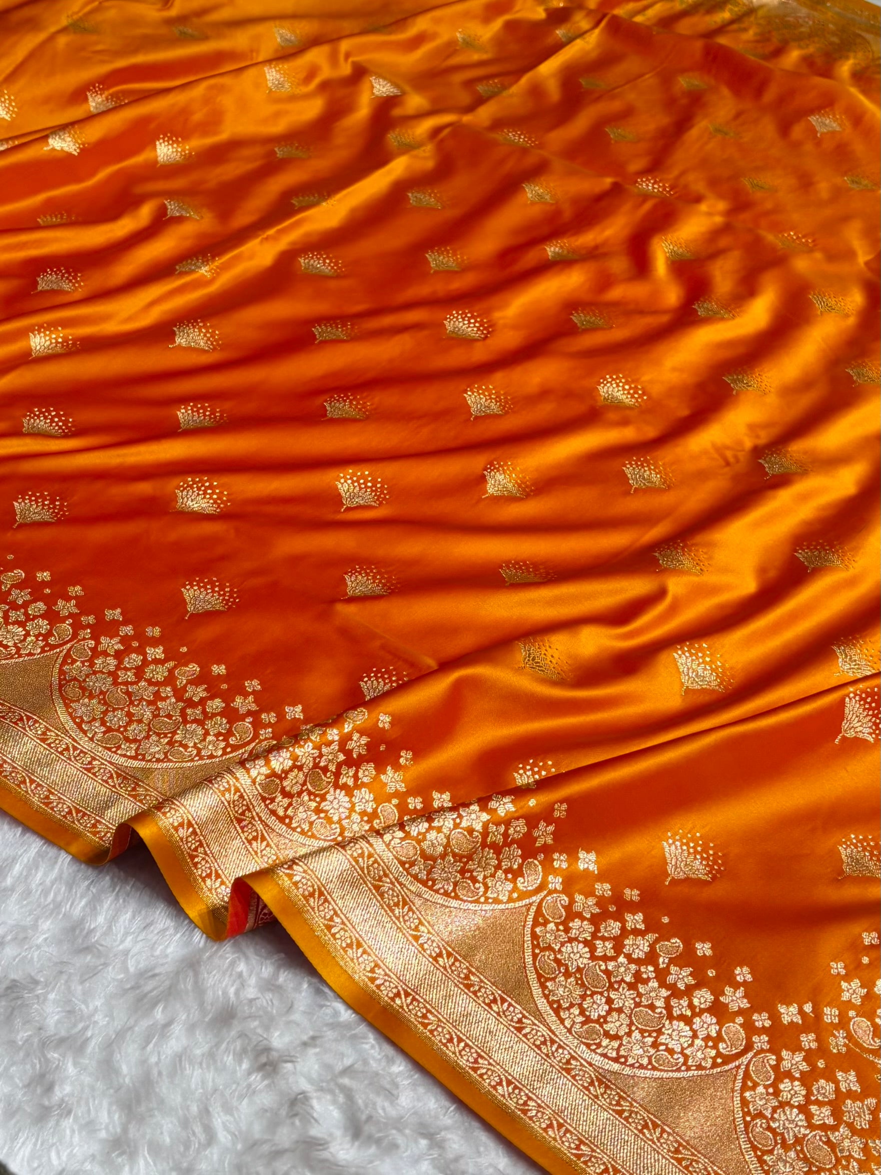 Fire Gold Floral Banasari Pattern Satin Katan Silk Saree SK83