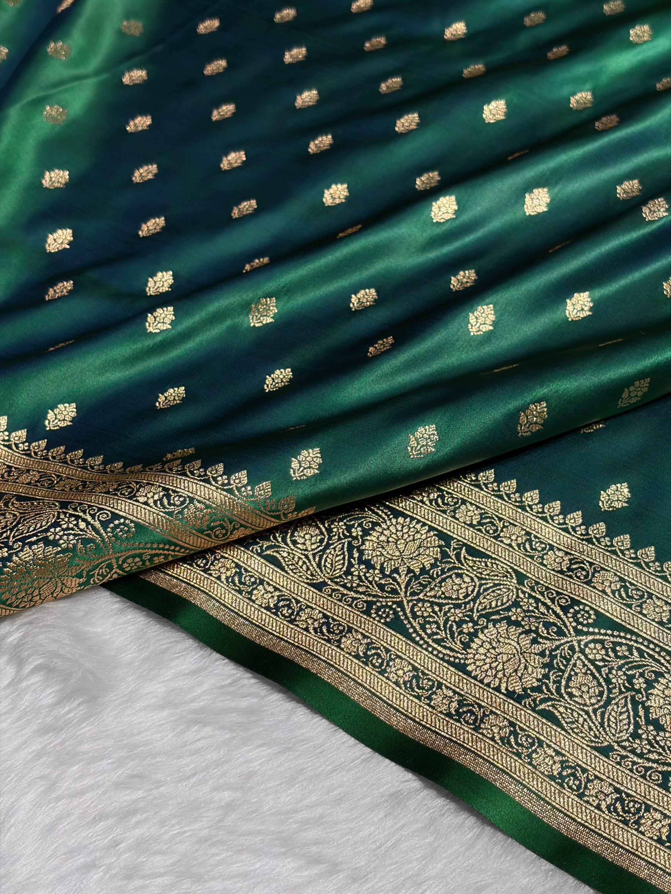 Cross Green Booti Pattern Satin Katan Silk Saree SK53
