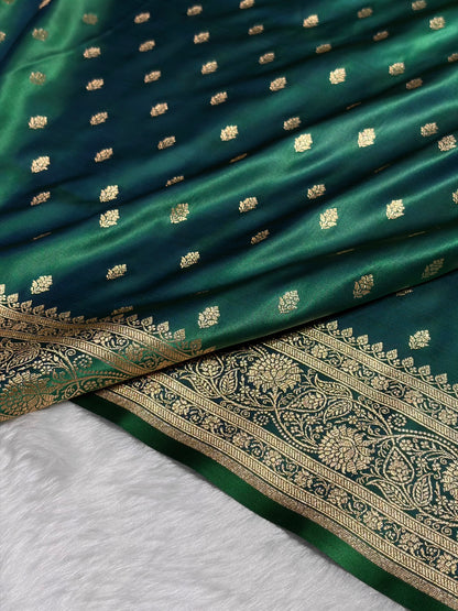 Cross Green Booti Pattern Satin Katan Silk Saree SK53