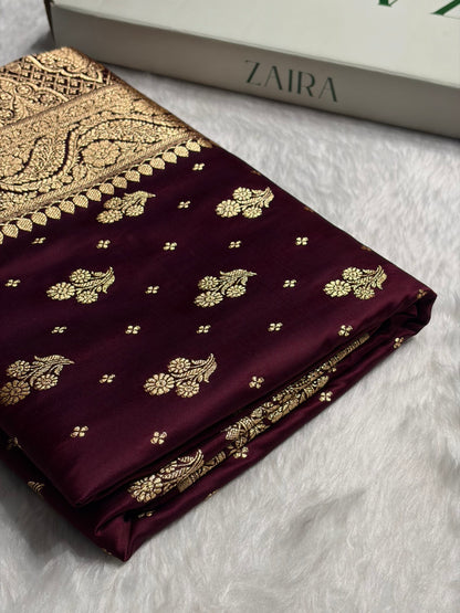 Garnet Floral Unique Boota Pattern Satin Katan Silk Saree SK73
