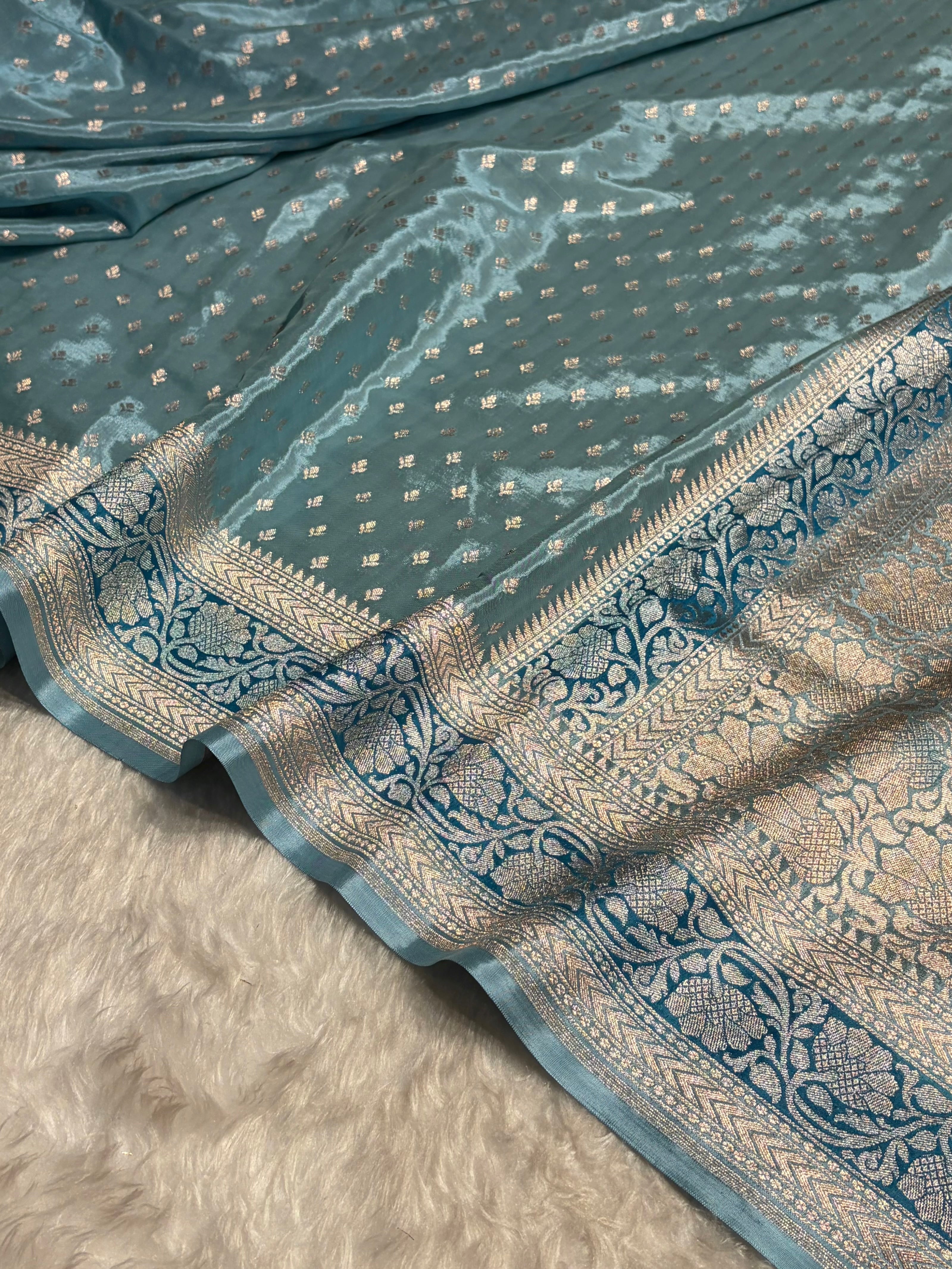 Powder Blue Shades With Contrast Border Crepe Silky Katan Banarasi Saree CSK-04