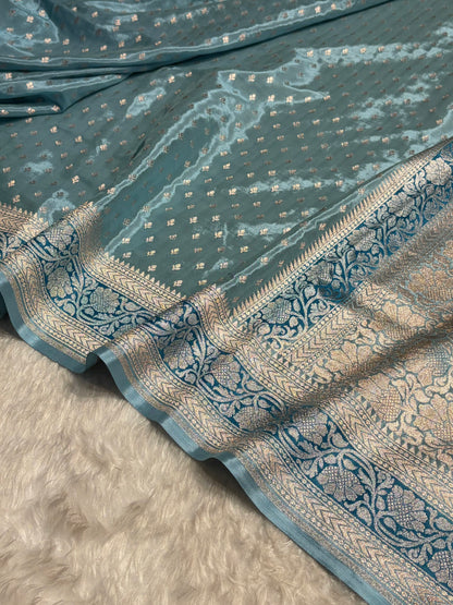 Powder Blue Shades With Contrast Border Crepe Silky Katan Banarasi Saree CSK-04
