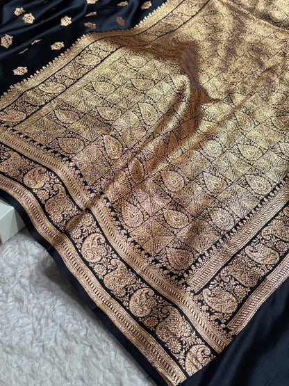 Banarasi Satin Katan Saree Booti Pattern in Black Shades SK137