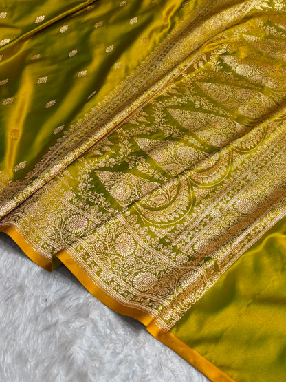 Banarasi Satin Katan Saree in Liril Mehendi Shades SK82