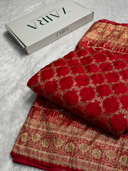 Bridal Red Katan Silk with Ari and Stone