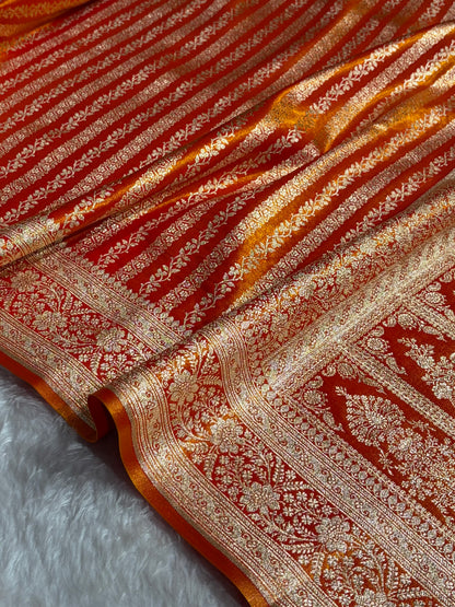 Fire Gold Shades Stripe Pattern Banarasi Satin Silk Saree SS46