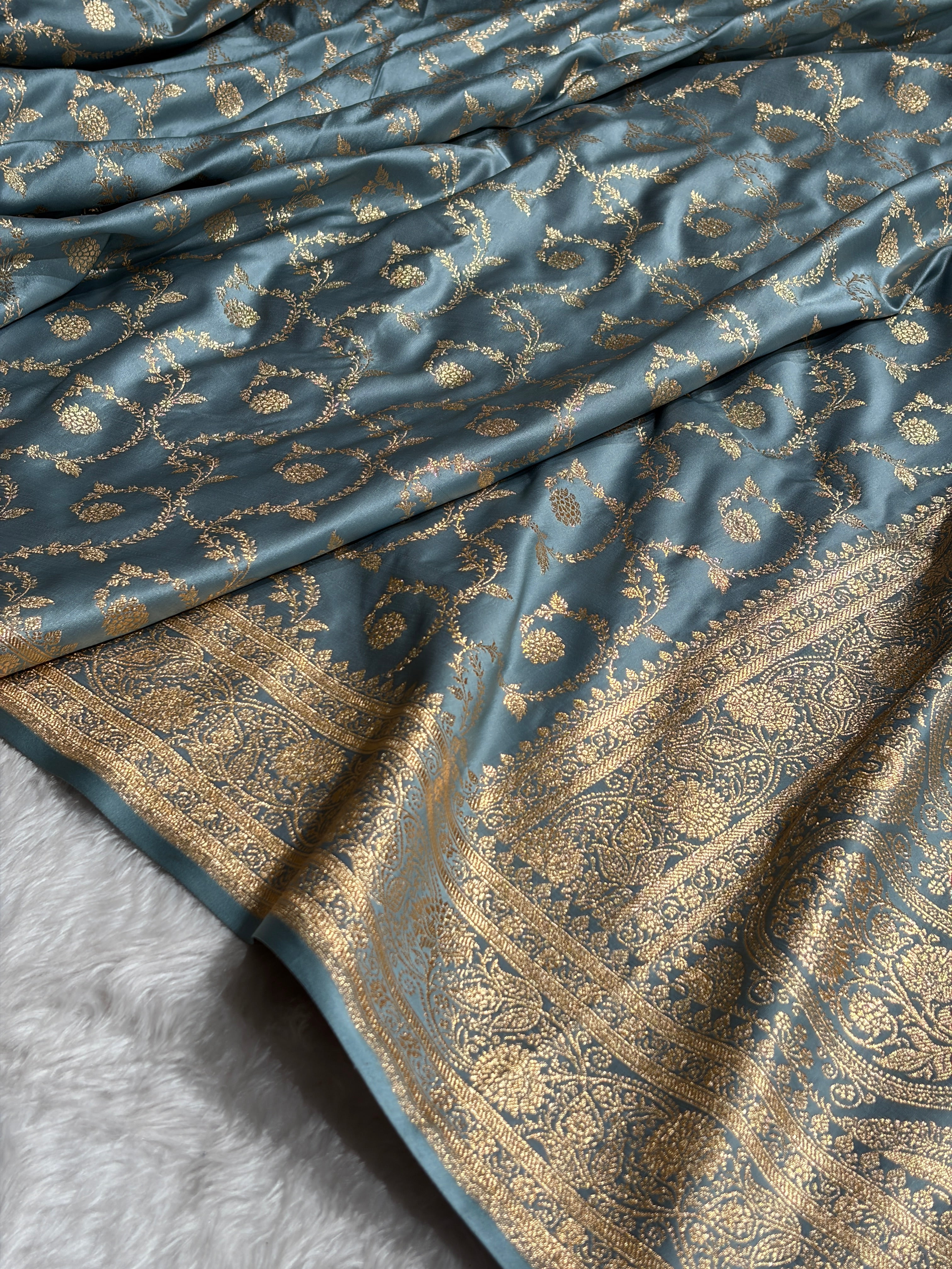 Powder Blue Shades Floral Jaal Pattern Satin Katan Silk saree SK55