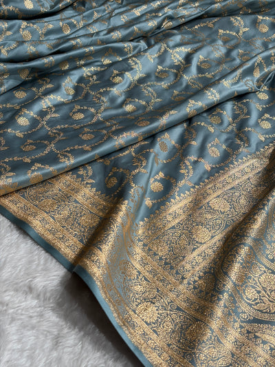 Powder Blue Shades Floral Jaal Pattern Satin Katan Silk saree SK55