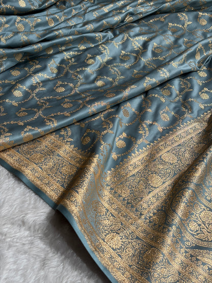 Powder Blue Shades Floral Jaal Pattern Satin Katan Silk saree SK55