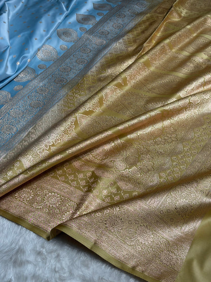 Sky Blue with Pista Booti Satin Katan Silk saree SK29