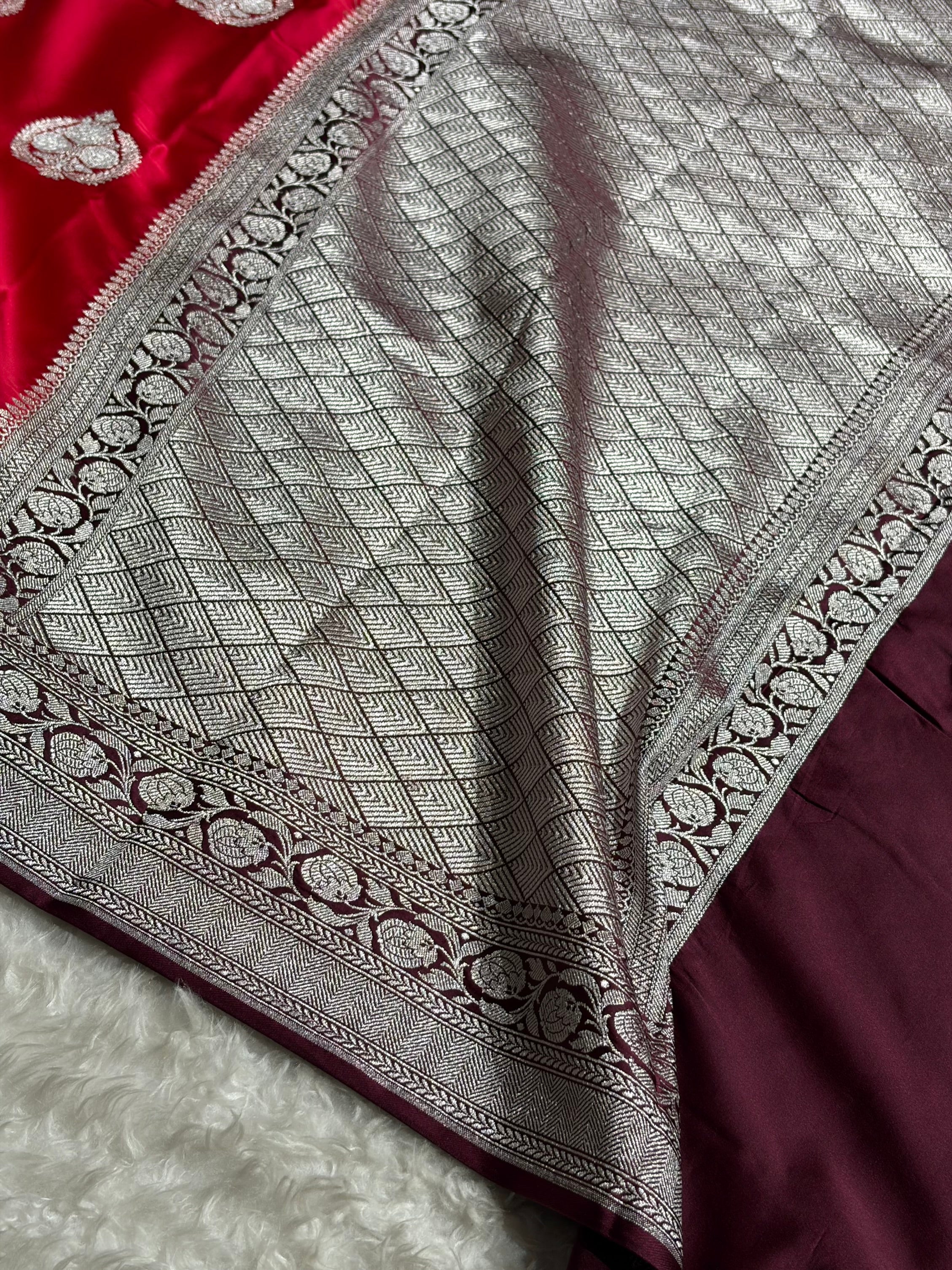 Contrast Red With Wine Minakari Boota Mashru Silk Saree MS35