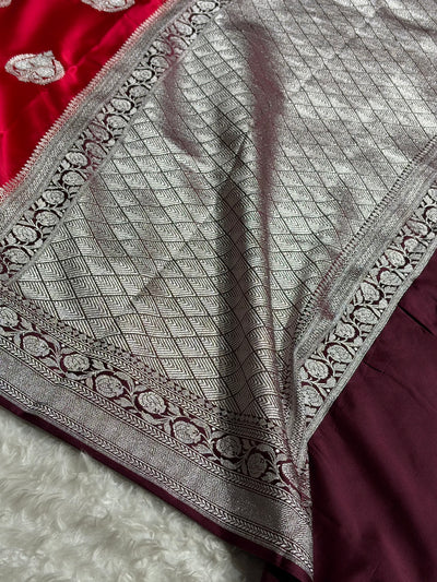 Contrast Red With Wine Minakari Boota Mashru Silk Saree MCS35