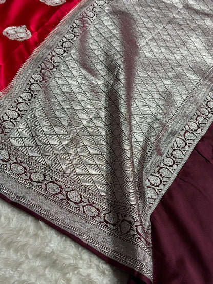Contrast Red With Wine Minakari Boota Mashru Silk Saree MS35