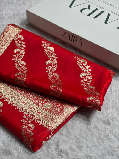 Red Contrast Shades Cross Pattern Banarasi Satin Silk Saree SS39