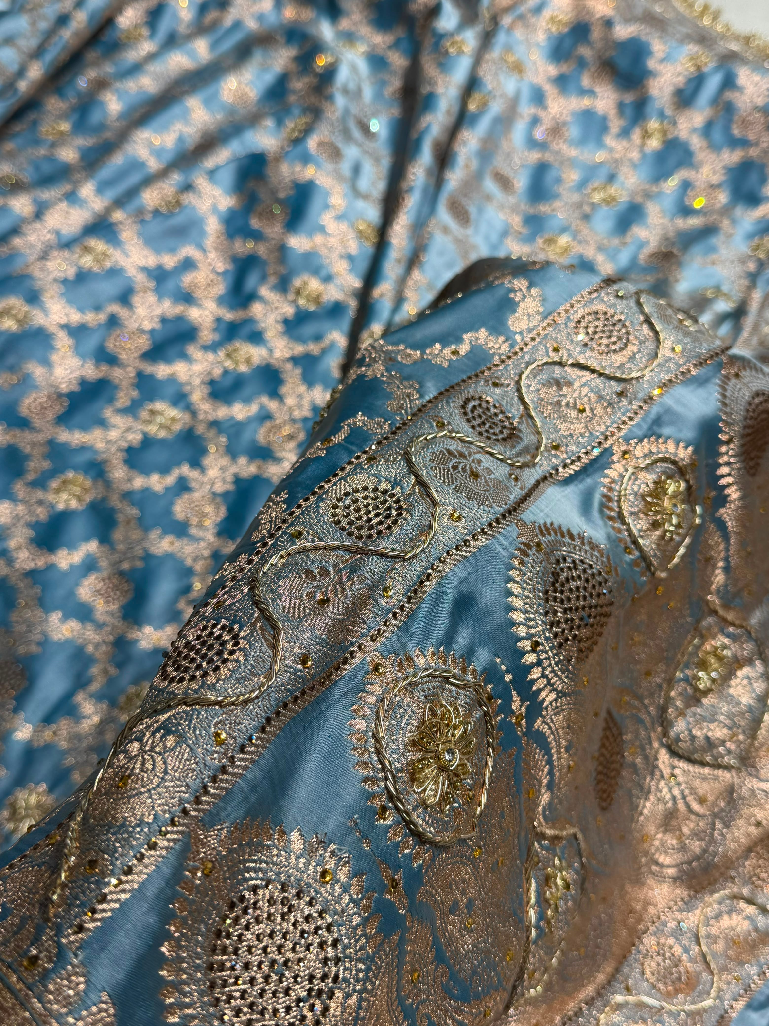 Pastel German Blue Swavroski & Zardozi Work With Gotta Patti Jaal Pattern Satin Katan Silk Saree BSKGP25