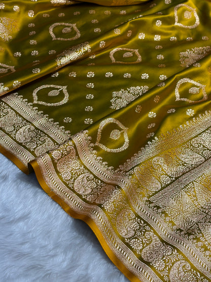 Banarasi Satin Katan Saree With Unique Boota in Liril Mehendi Shades SK92