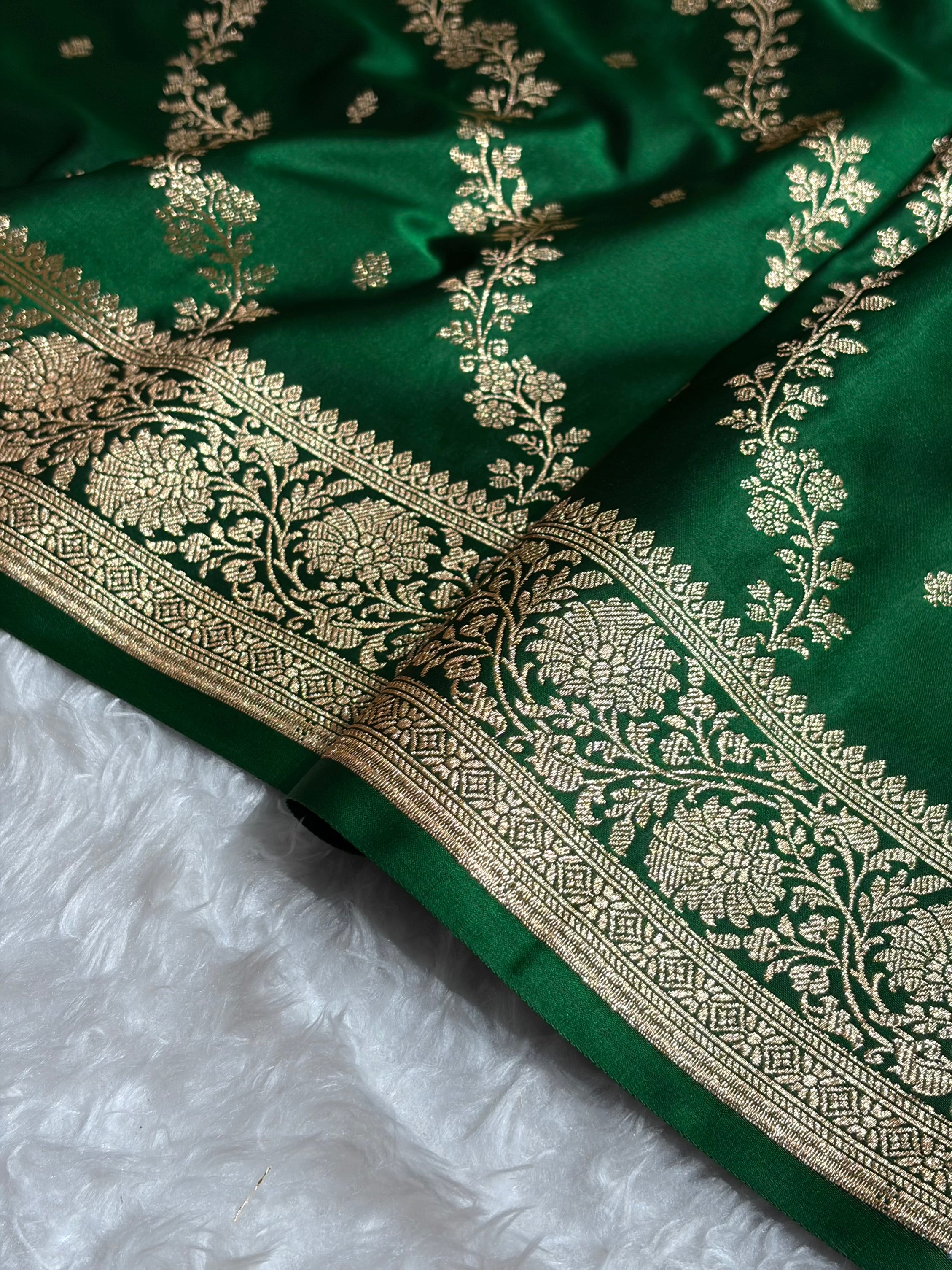 Banarasi Satin Katan Saree With Boota in Bottle Green Shades SK108