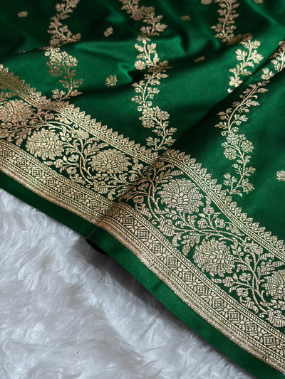 Banarasi Satin Katan Saree With Boota in Bottle Green Shades SK108