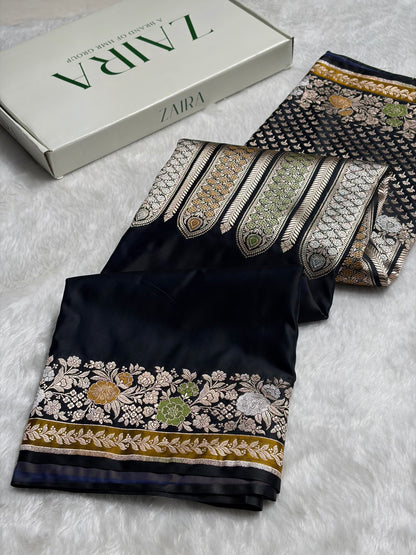 Dark Navy Blue Shades Floral Minakari Skirt Border Mashru Silk Saree MSM-83