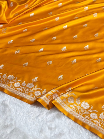 Mustard Yellow Blue Boota With Floral Border Mashru Silk Saree MSM-85