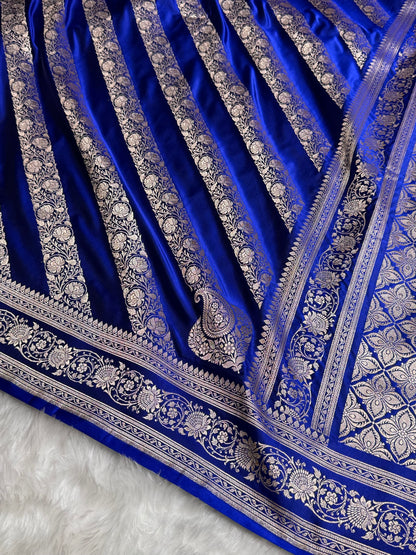 Royal Blue Shades Banarasi Cross Pattern Floral Mashru Silk Saree MSM-102