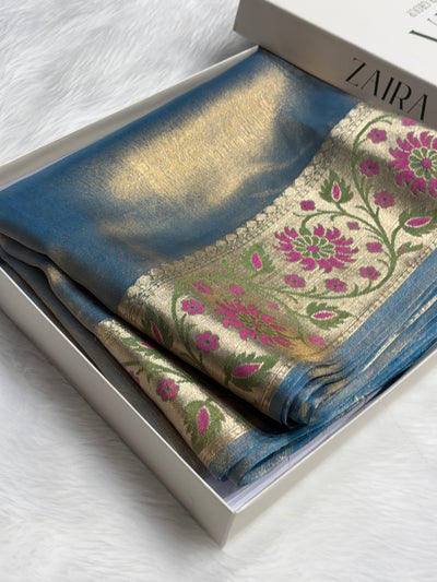 Banarasi Powder Blue Shades With Minakari Border Pure Tissue Silk Saree PT-59