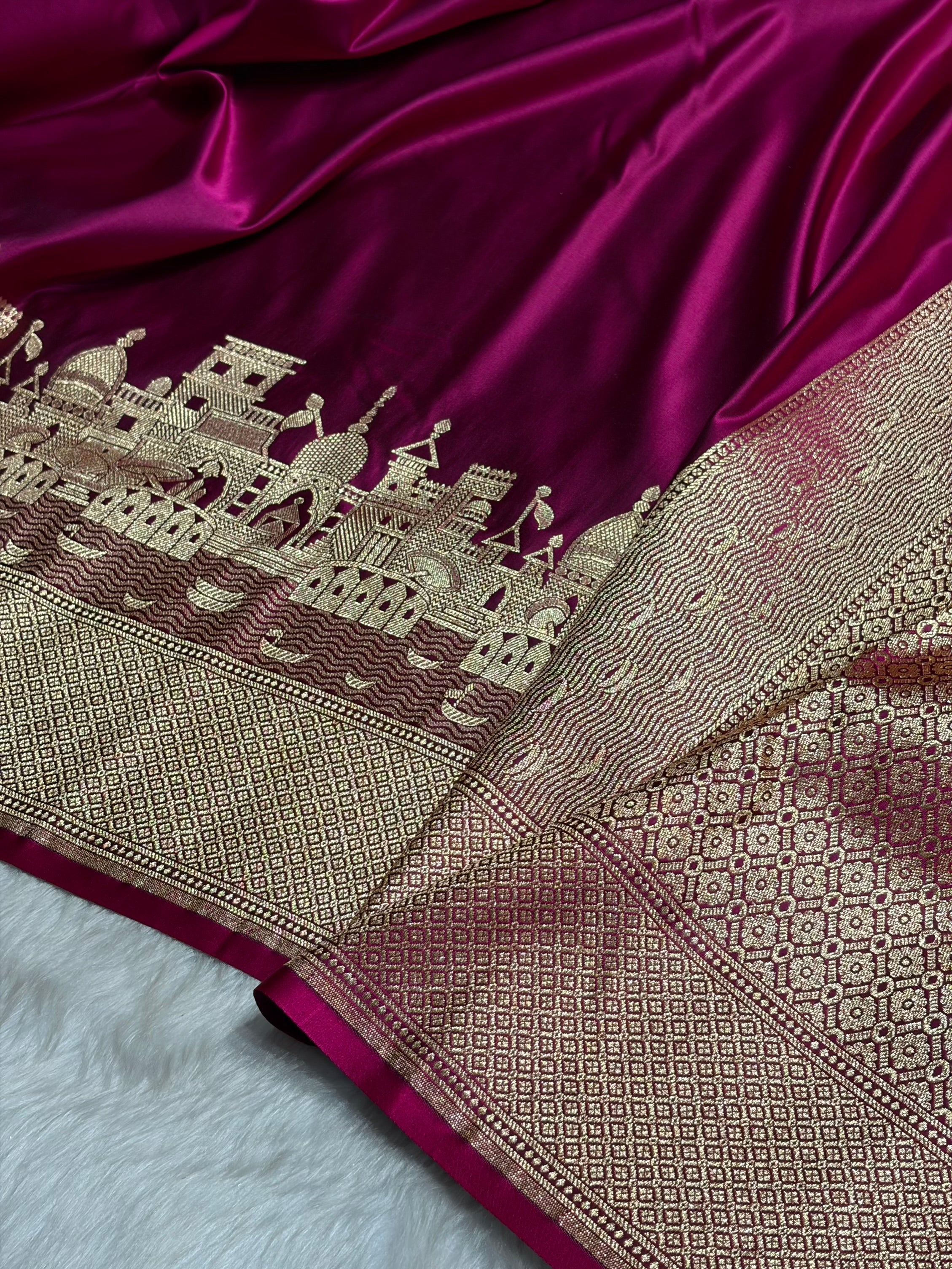Wine Banarasi Ghat Pattern Satin Katan Silk saree SK33