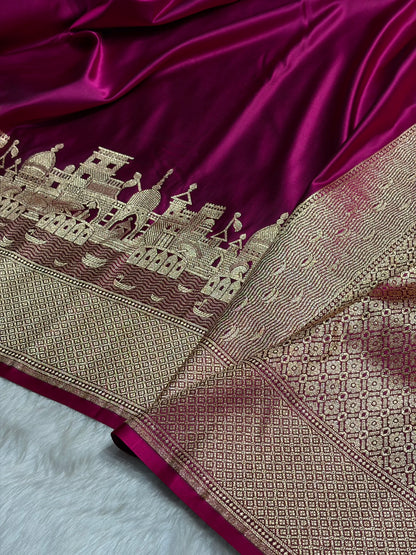 Wine Banarasi Ghat Pattern Satin Katan Silk saree SK33