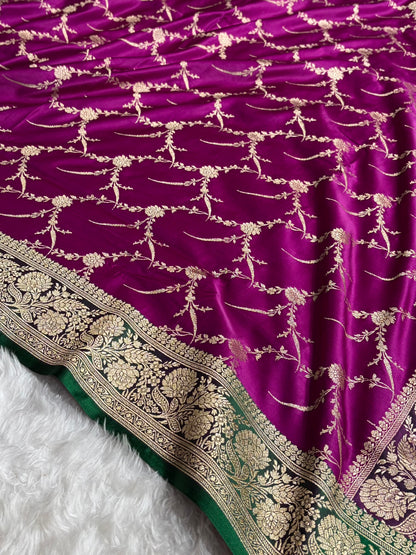 Banarasi Satin Katan Saree With Boota in Contrast Wine With Green Shades SK115