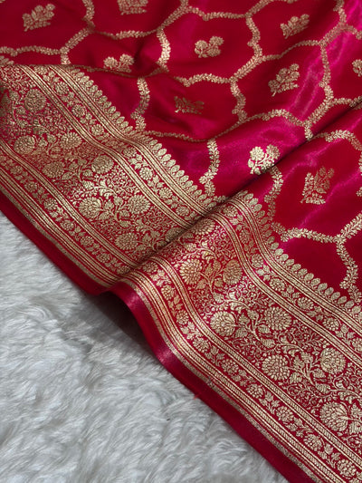 Cross Rani Shades Jaal Pattern Banarasi Satin Silk Saree SS57